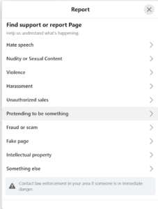 Facebook report menu listing violation categories including hate speech, violence, and fraud