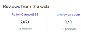 Reviews from web showing 5/5 star ratings from PatientConnect365 and weoreviews.com