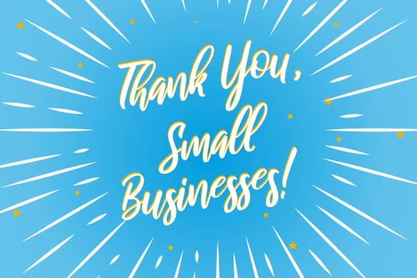 Blue graphic with radiating lines and yellow text reading Thank You, Small Businesses