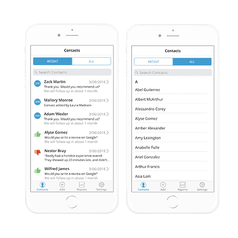 Broadly contacts app on two iphone screens showing recent and all contacts lists