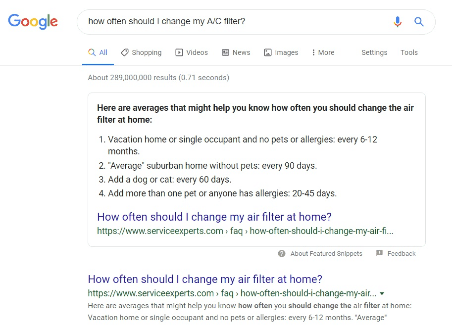 Google search results for air filter maintenance with featured snippet