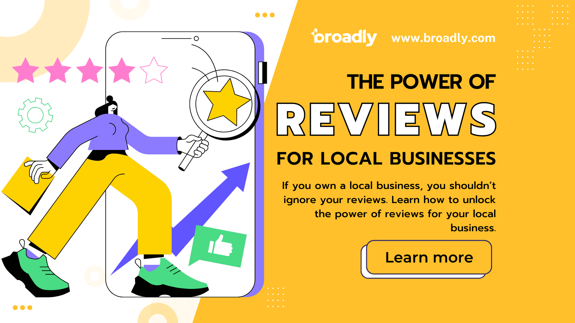 Blog post graphic titled "The Power of Reviews for Local Businesses" with illustrated person holding star