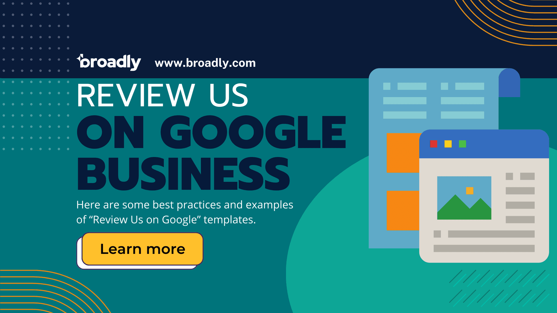 Blog graphic about Review us on Google Business templates with website mockup and Learn more button