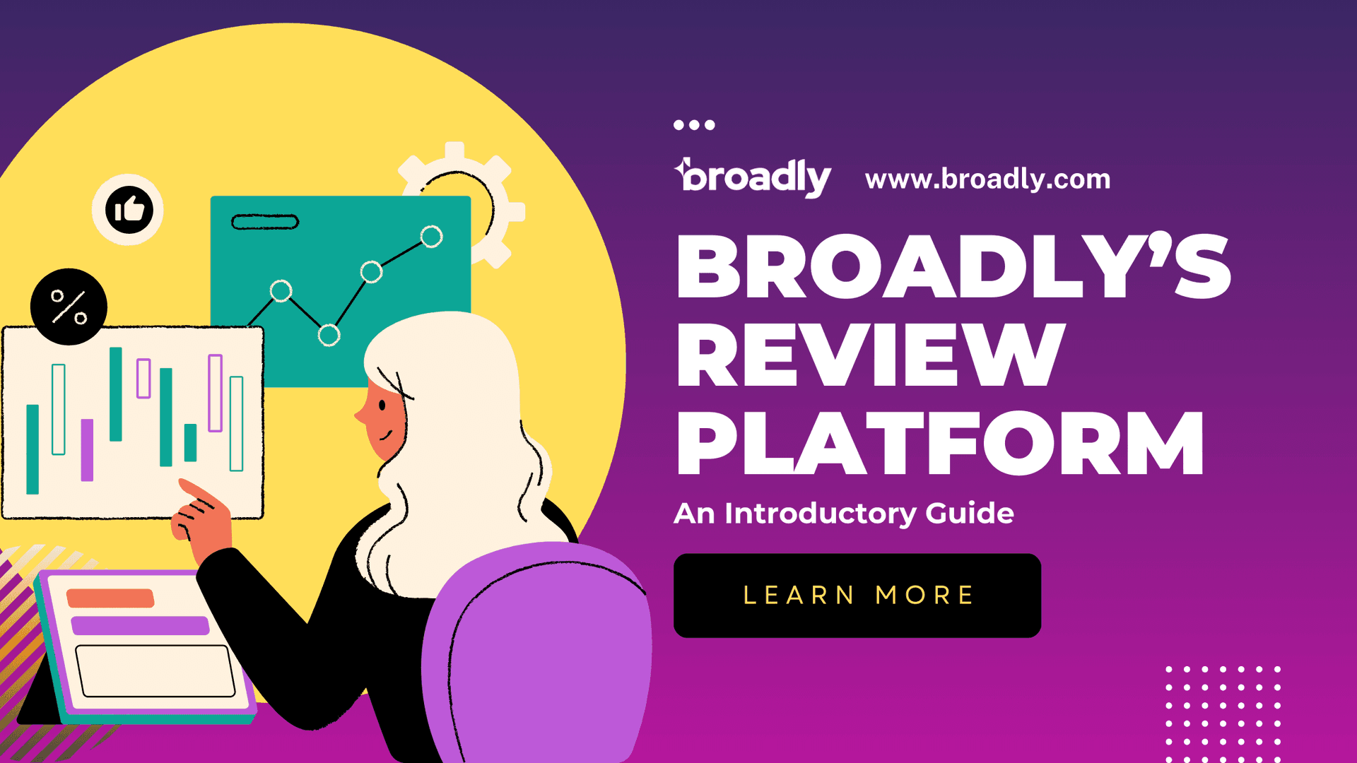 Broadly Review Platform guide illustration with person analyzing charts and analytics on purple background