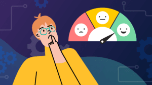 Illustration of a thinking person beside a satisfaction gauge ranging from sad to happy face