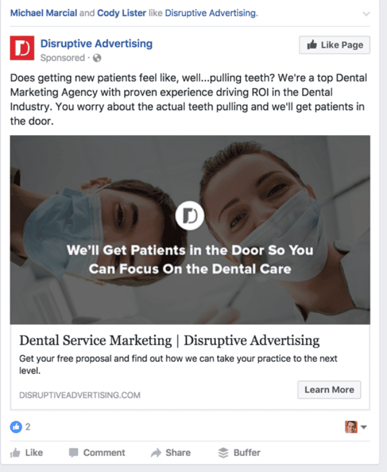 Facebook sponsored ad for Disruptive Advertising dental marketing services