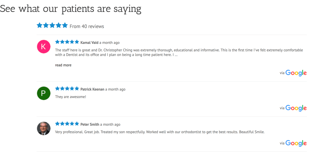 Patient reviews showing 5-star ratings and testimonials from dental practice