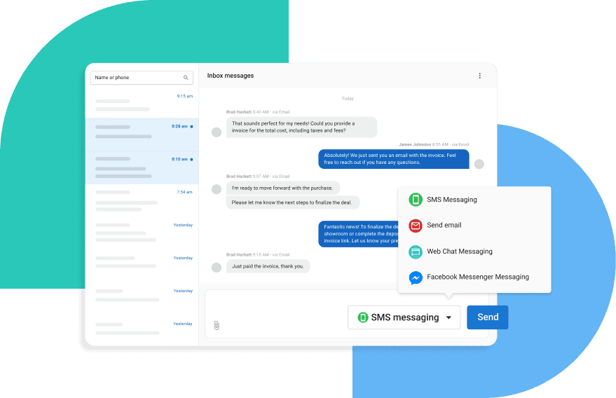 Inbox interface displaying multiple messaging channels: SMS, email, web chat, and Facebook Messenger