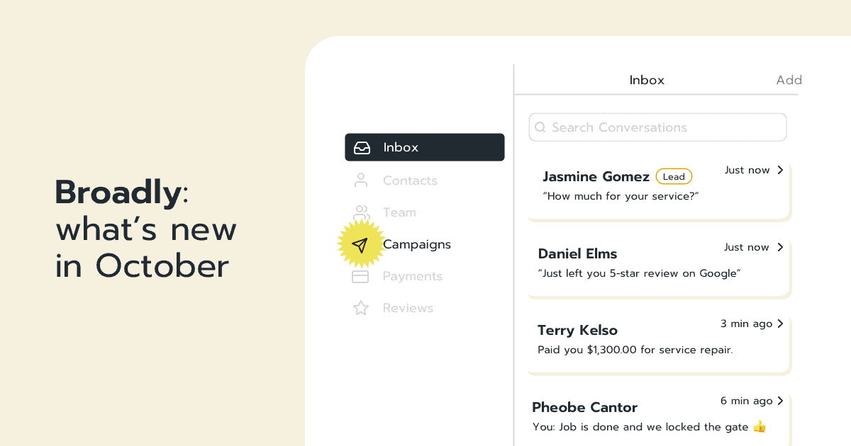 Broadly October update showing navigation menu and customer inbox with messages