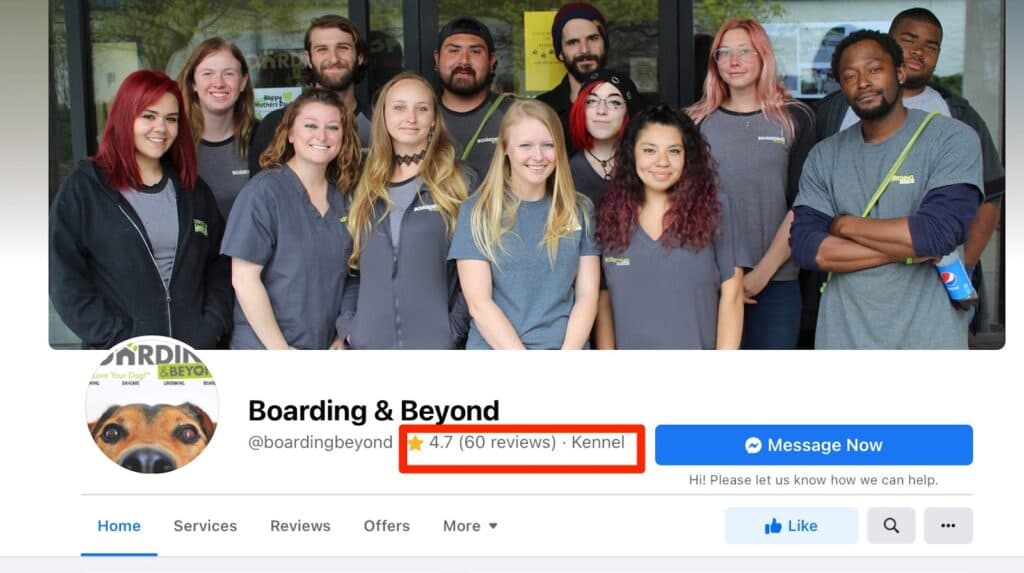 Facebook page for Boarding & Beyond kennel showing team photo and 4.7-star rating