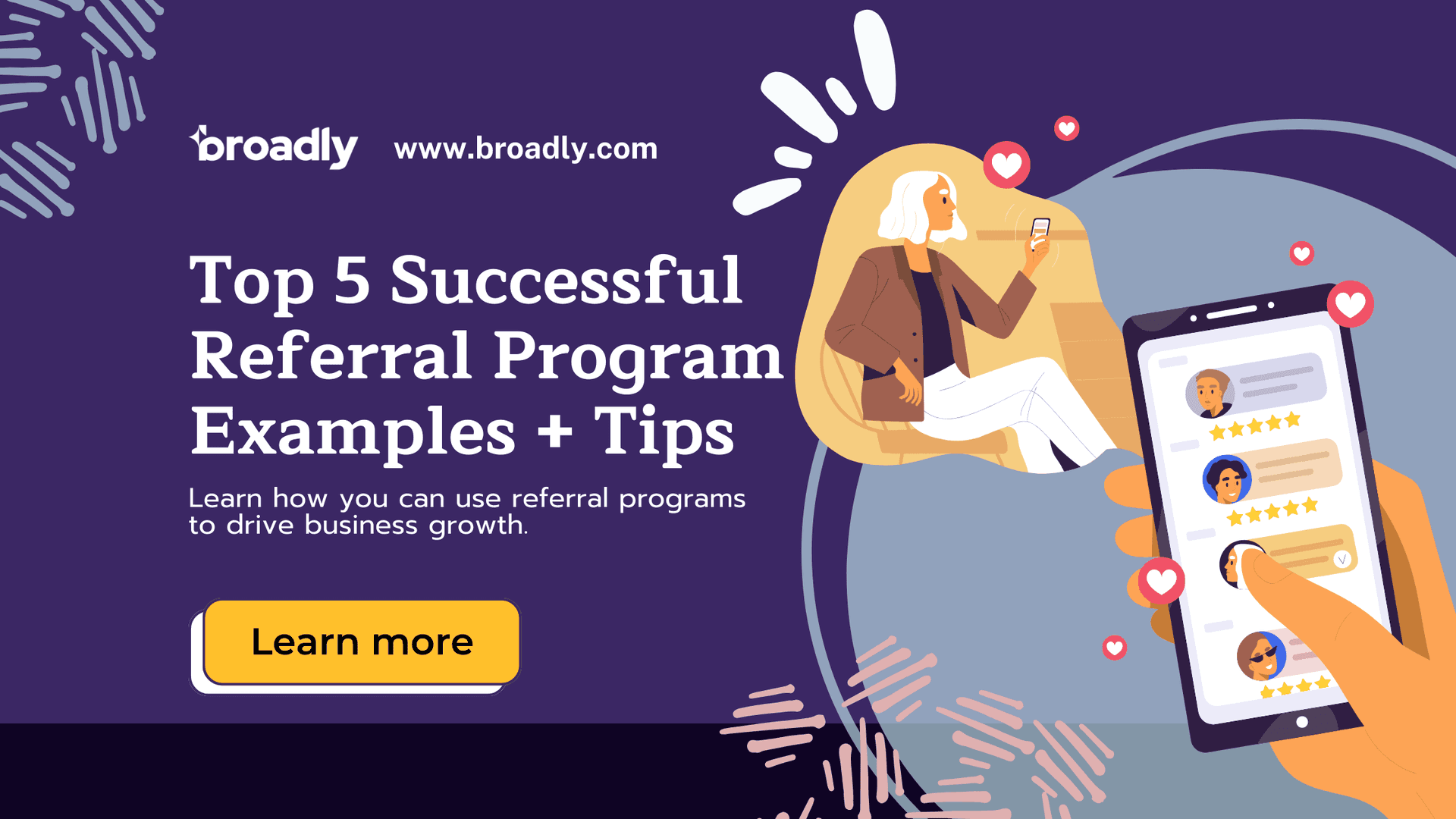 Illustration of woman with phone surrounded by hearts, about referral program examples and tips
