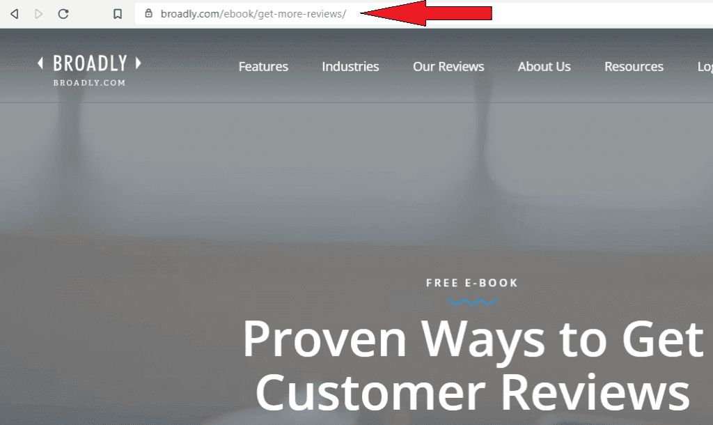 URL highlighted with red arrow on Broadly website