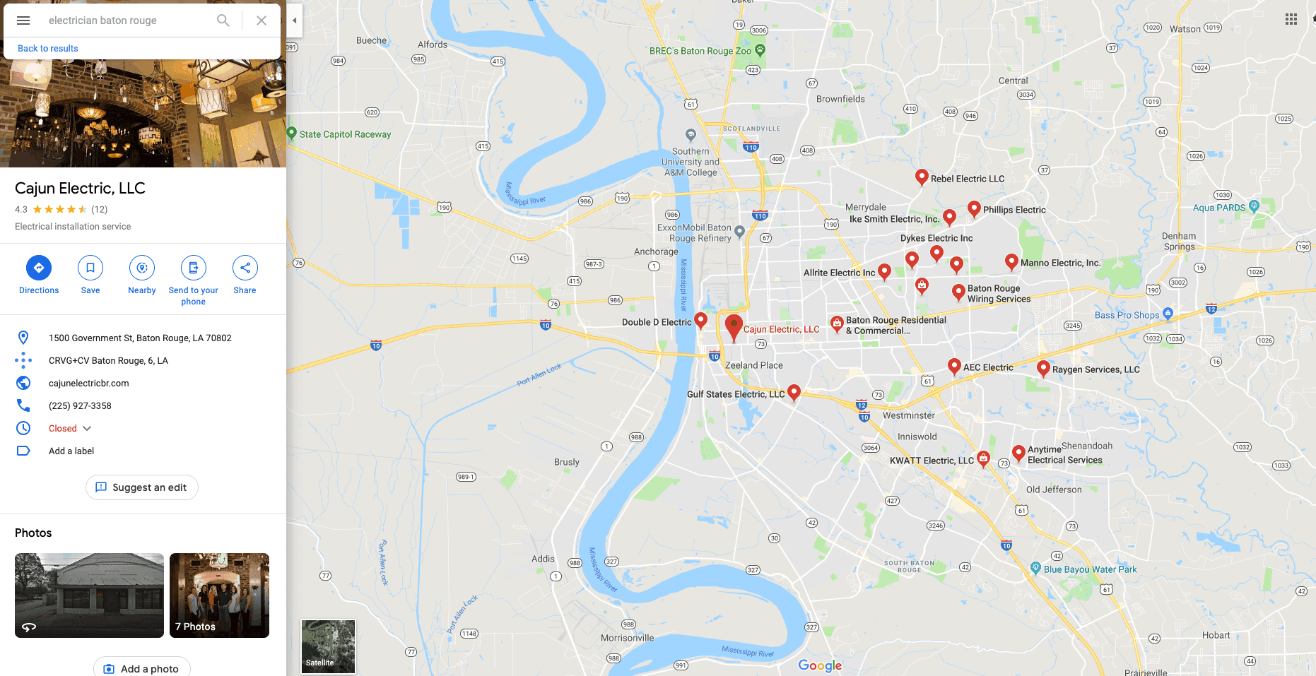 Google Maps result for Cajun Electric electrician in Baton Rouge