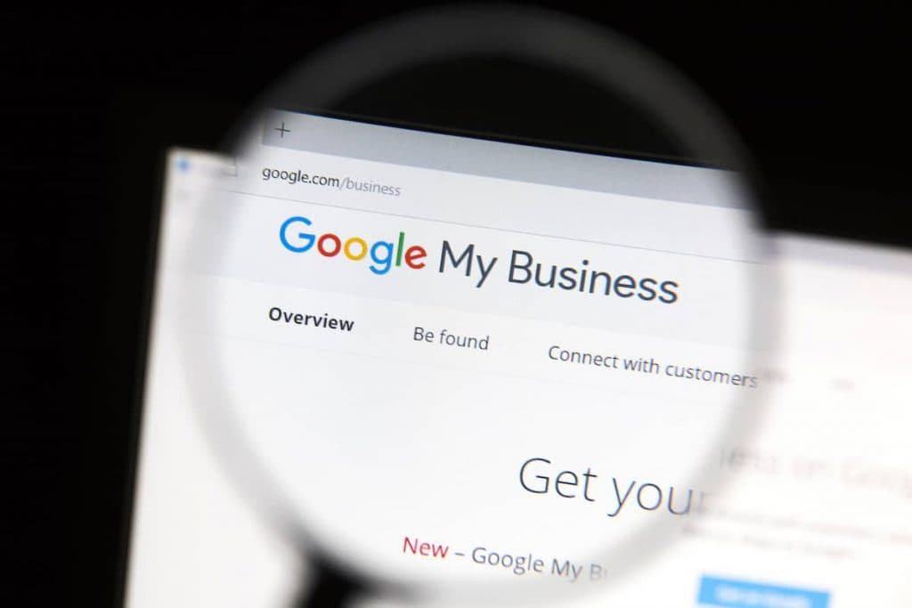 Google My Business homepage viewed through magnifying glass