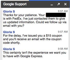 Google Support chat conversation showing customer support agent resolving FedEx issue with coupon
