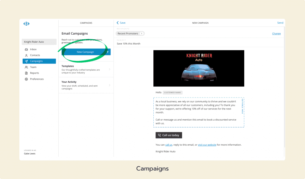 Broadly email campaigns interface with promotional template for automotive business