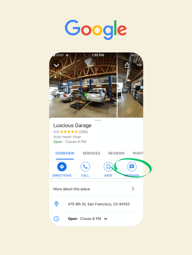 Google Business profile for Luscious Garage with 4.9-star rating and message option