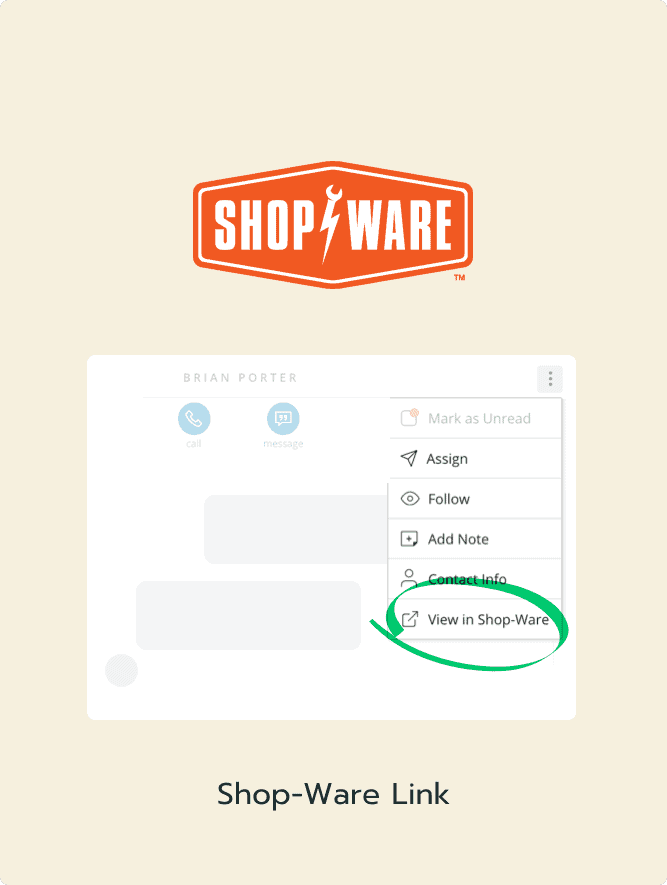 Shop-Ware contact management interface with View in Shop-Ware option highlighted