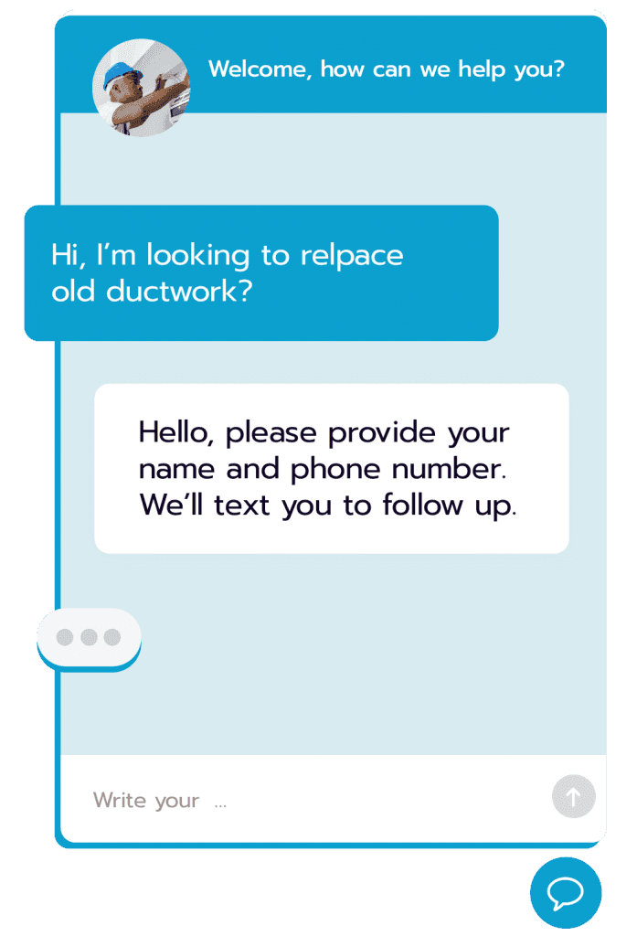 Web chat widget with technician greeting and customer asking about ductwork replacement service