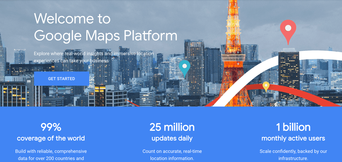 Google Maps Platform welcome screen with coverage statistics and city skyline
