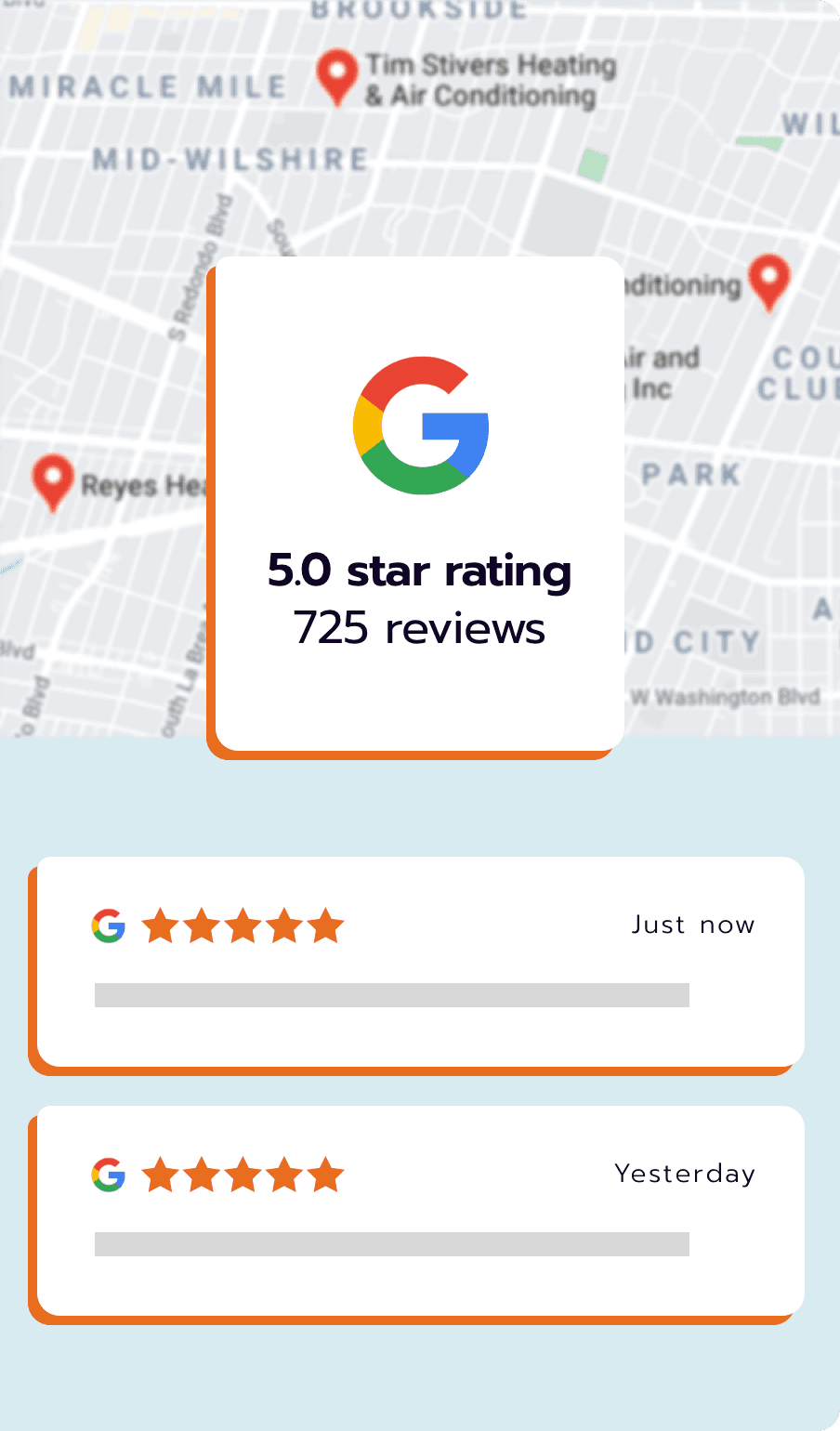 Google Maps showing 5-star rating with 725 reviews for local business with competitive landscape