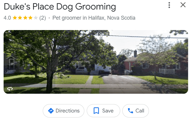 Duke's Place Dog Grooming business listing with 4-star rating in Halifax, Nova Scotia