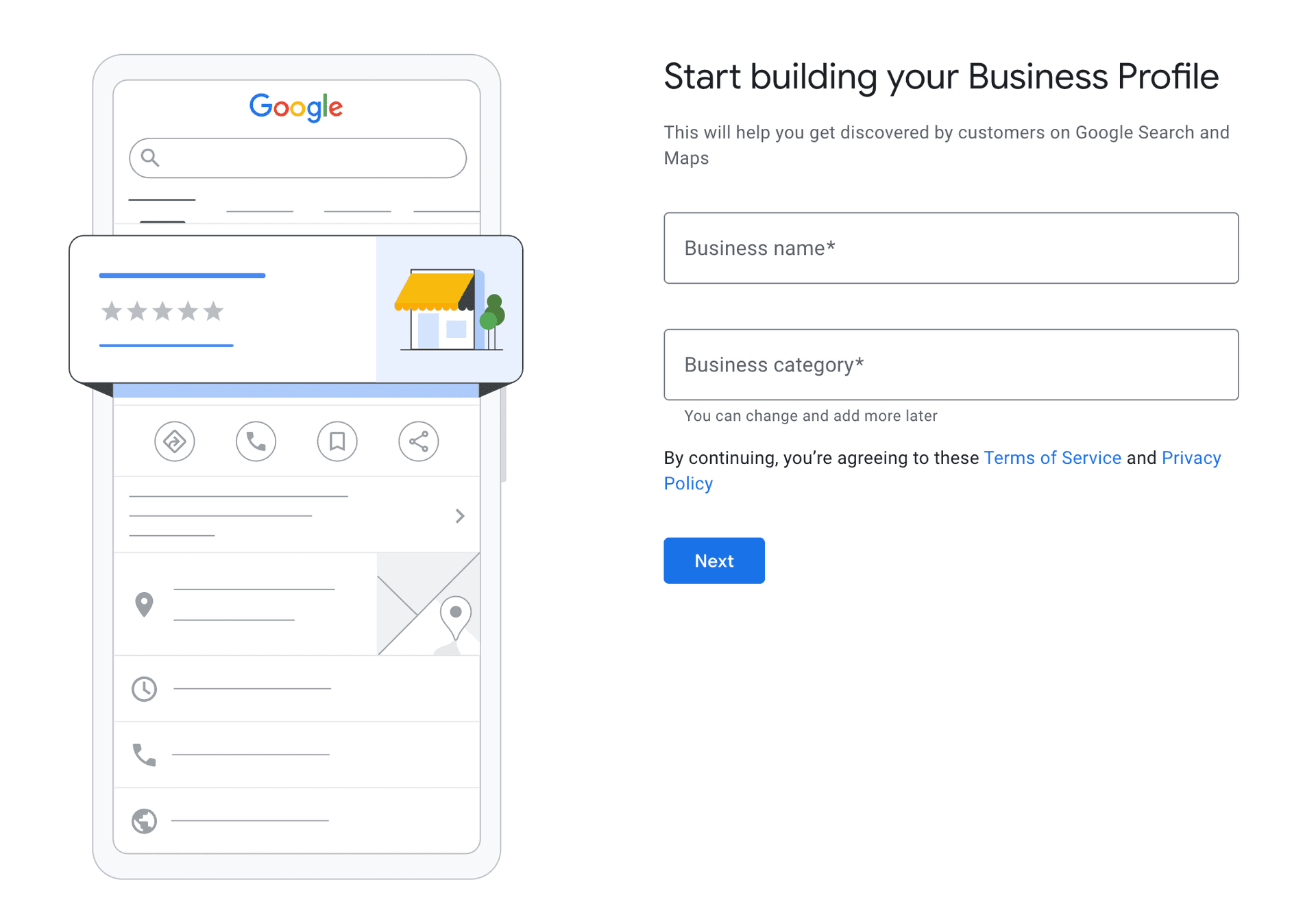 Google Business Profile setup form with fields for business name and category next to search interface