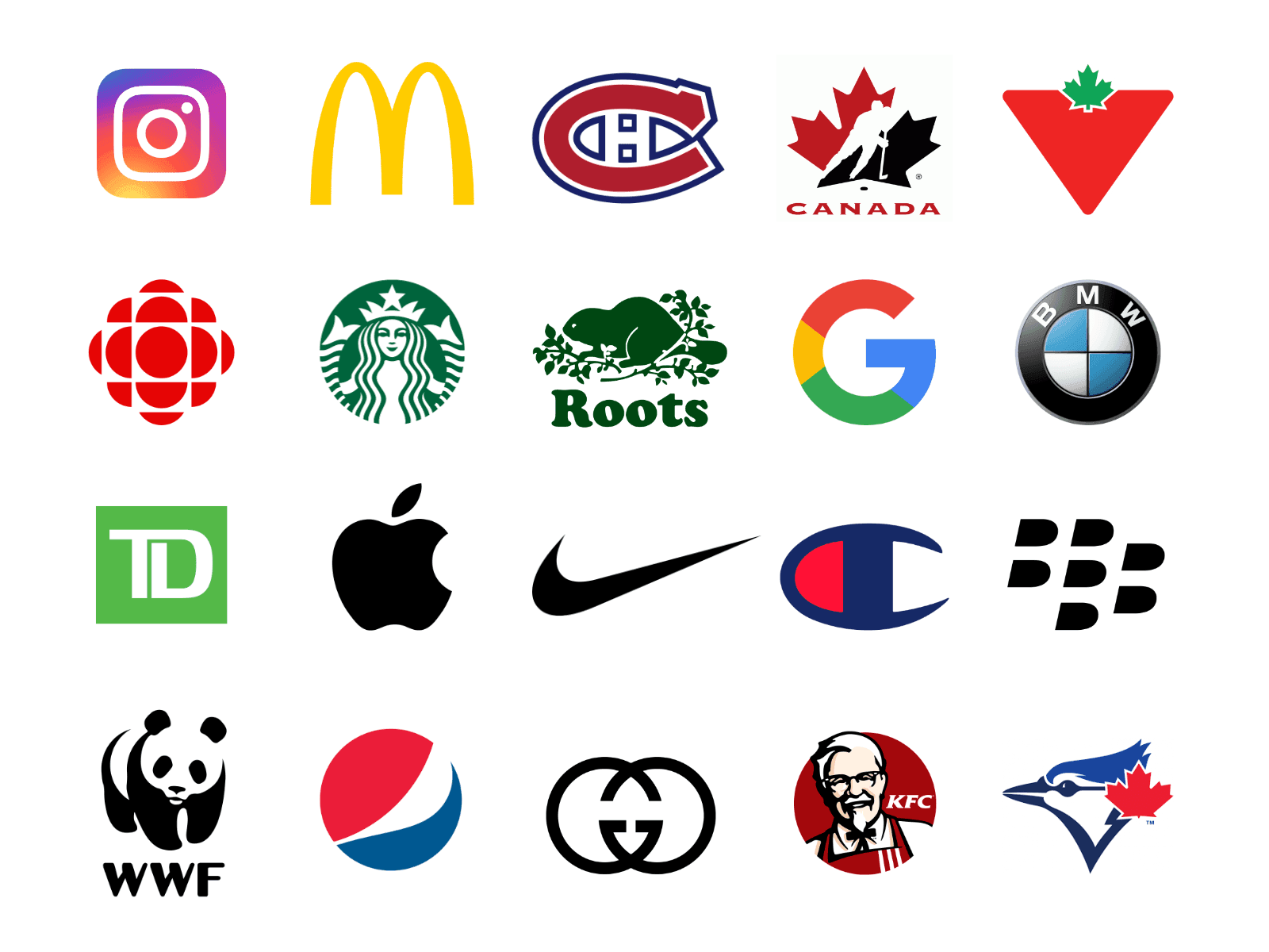 Grid of famous brand logos including Instagram, McDonald's, Nike, Apple, and others