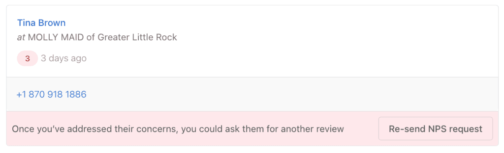 Customer follow-up message advising to address concerns before requesting another NPS review
