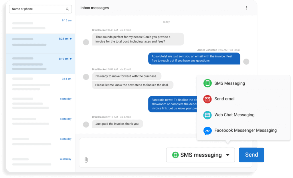 Inbox messaging interface displaying conversation thread with SMS, email, web chat, and Facebook options