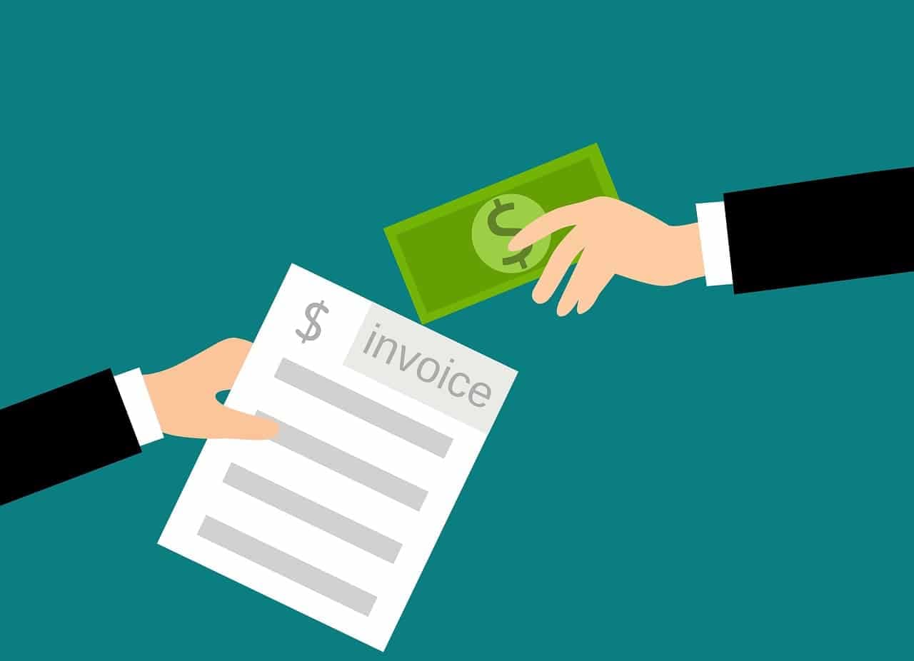 Illustration of hands exchanging money with invoice document visible