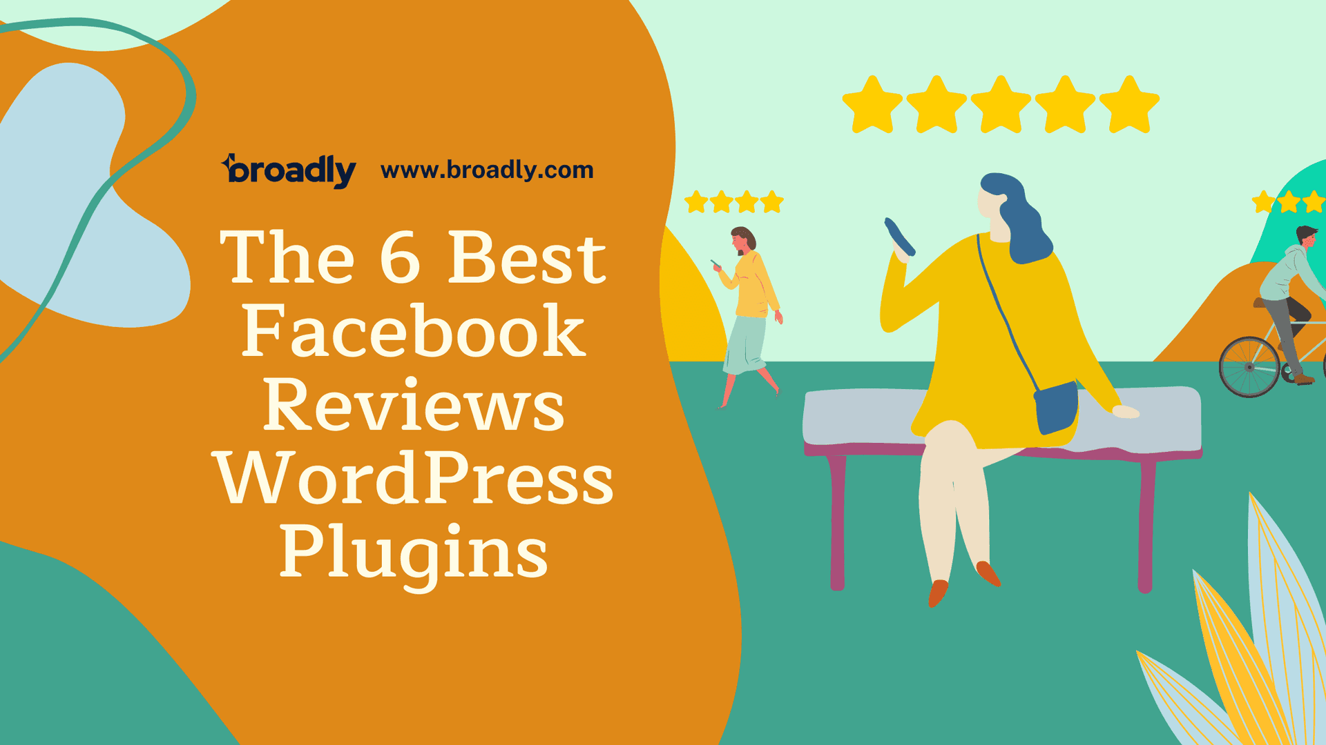 Illustration for blog post titled The 6 Best Facebook Reviews WordPress Plugins with characters and star ratings