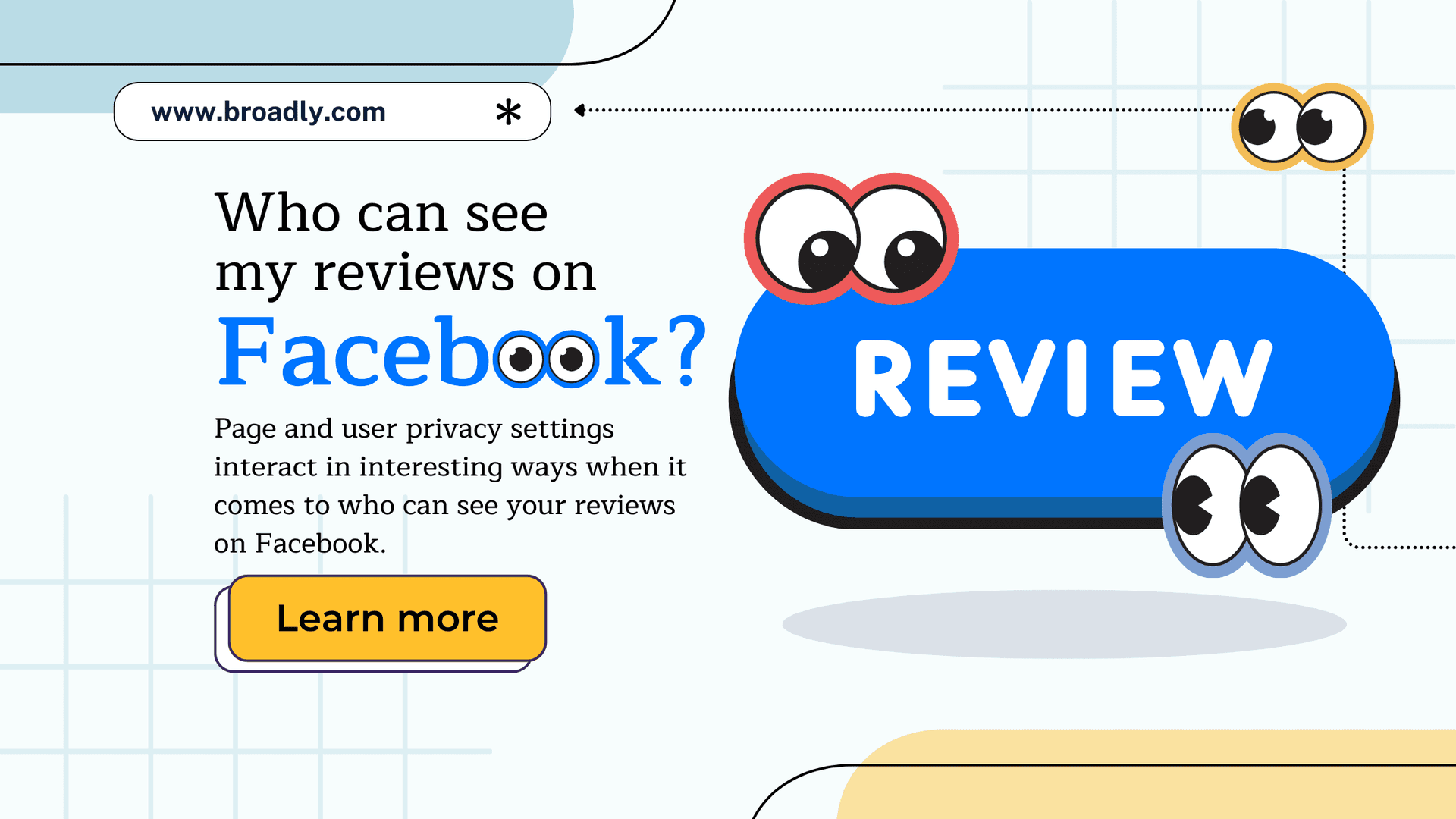Illustration asking Who can see my reviews on Facebook with colorful cartoon eye characters and REVIEW text
