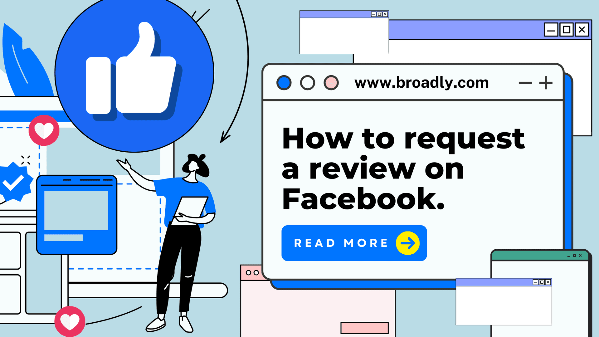 Guide illustration showing person requesting Facebook review with thumbs up icon and browser windows