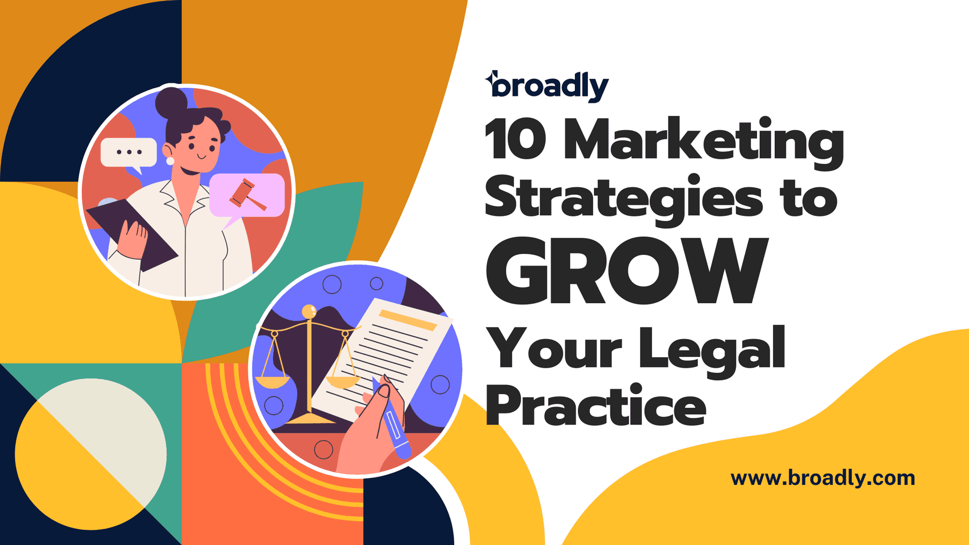 Blog banner: 10 Marketing Strategies to GROW Your Legal Practice, illustrated with a lawyer, gavel, and scales of justice