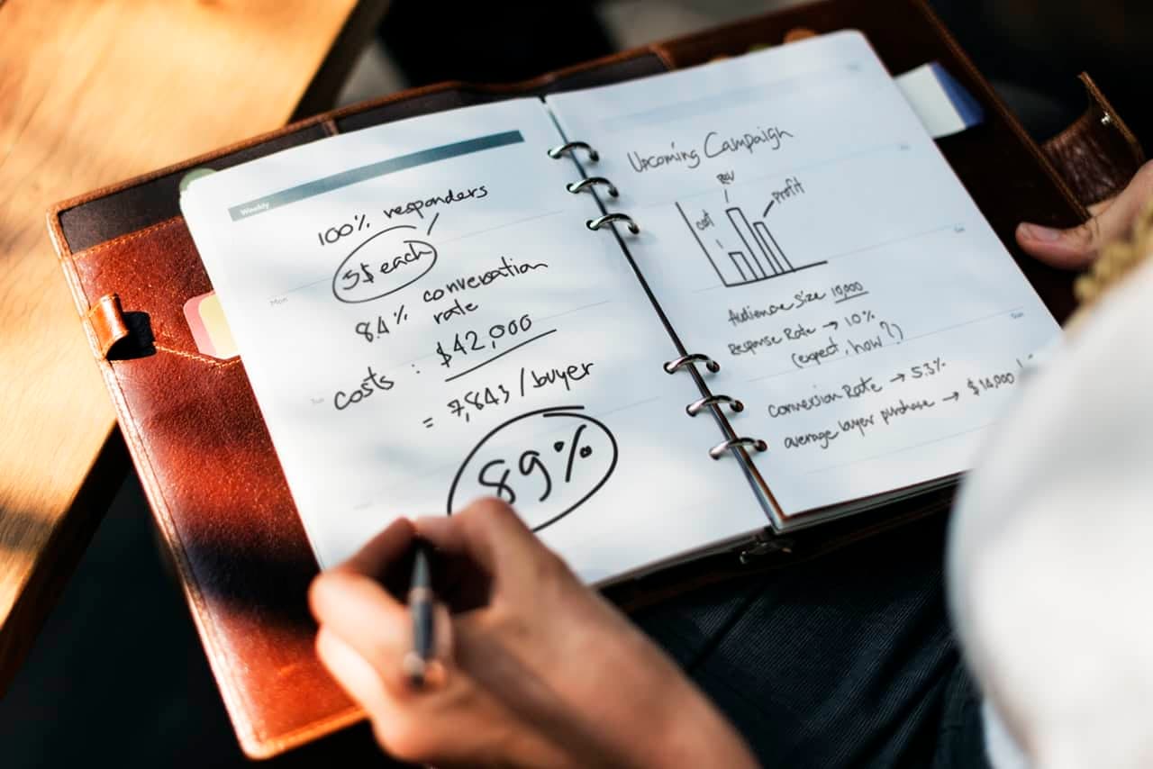 Hand writing lead value calculations with conversion rates and profit formulas in notebook