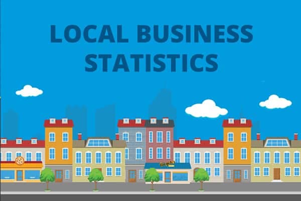Local business statistics header with illustrated townscape