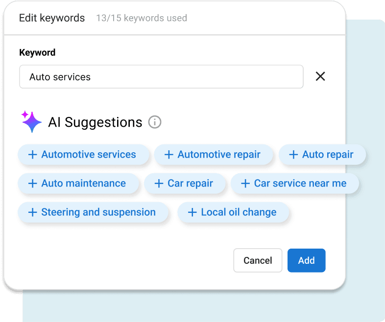 Keyword management interface with AI-suggested search terms for auto services business listings