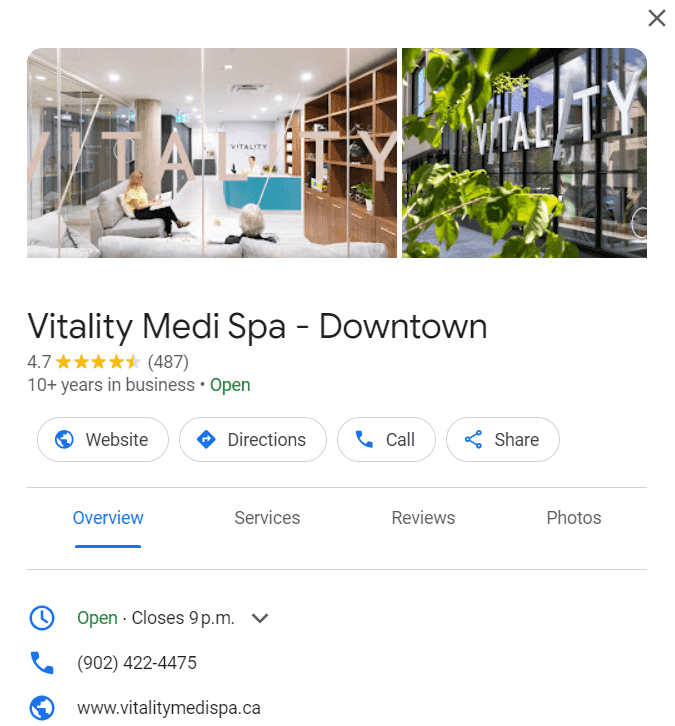 Google Business profile for Vitality Medi Spa showing interior photos, 4.7-star rating, hours, and contact buttons