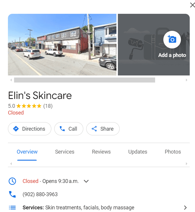 Google Business listing example for skincare business with 5-star rating, photos, and contact options