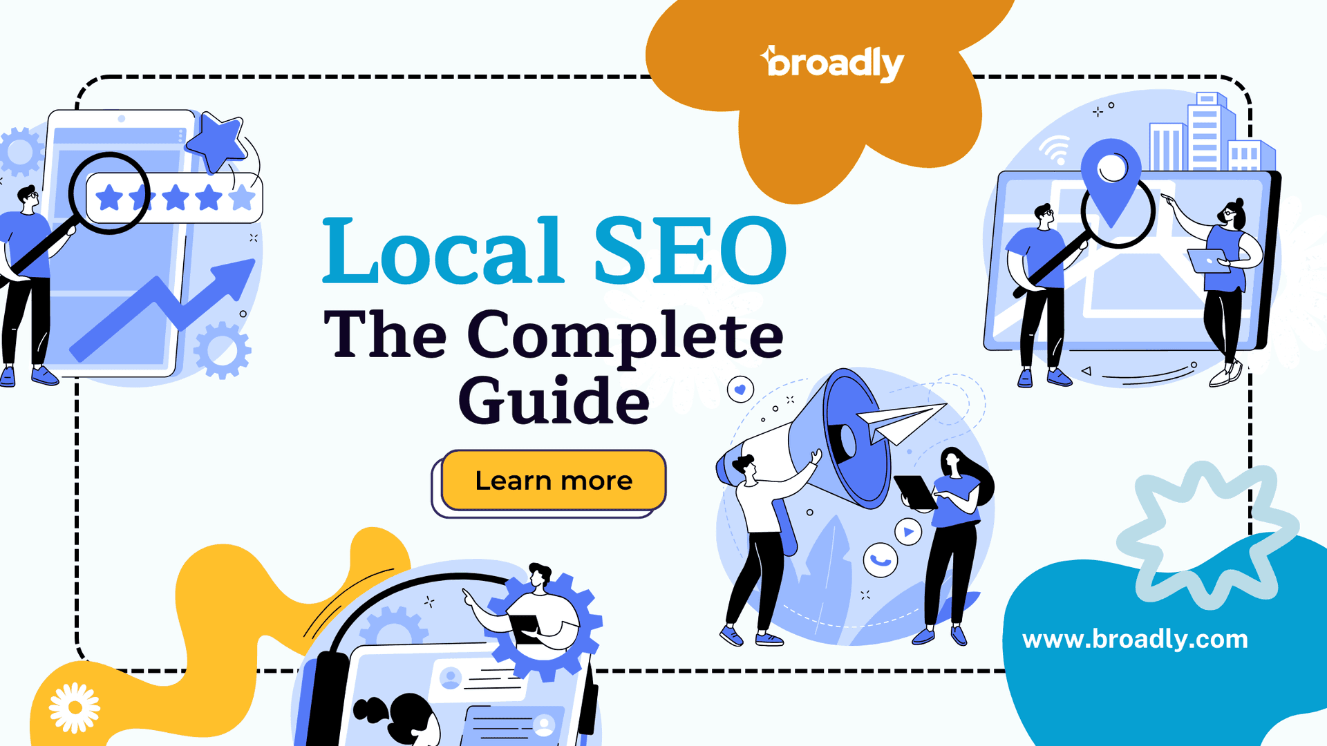Local SEO The Complete Guide cover with illustrations of reviews, analytics, and marketing