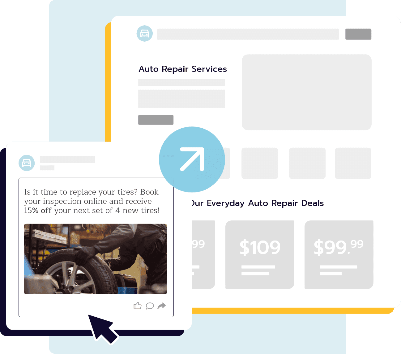 Auto repair business website showing services, pricing deals, and promotional content