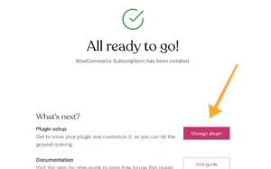 Plugin installation success screen with Manage plugin button and documentation guide link