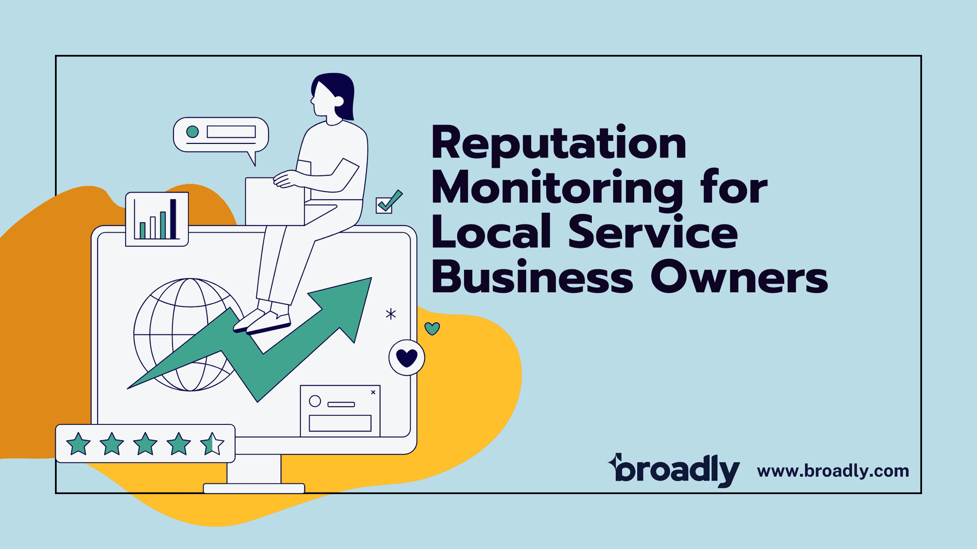 Person monitoring business reputation with charts, upward arrow, and star ratings