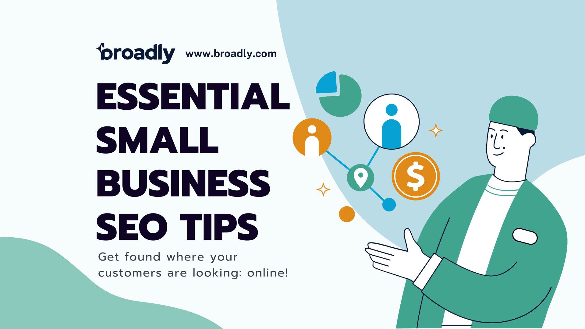 Person with business concept icons and text about essential small business SEO tips