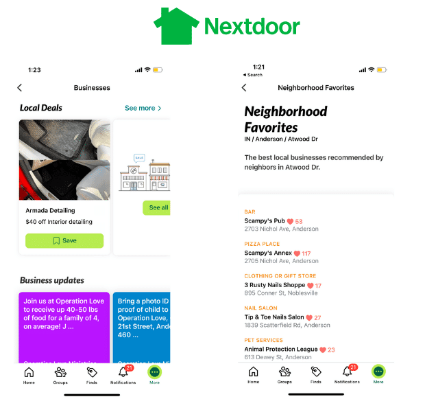 Nextdoor app showing Local Deals and Neighborhood Favorites business sections