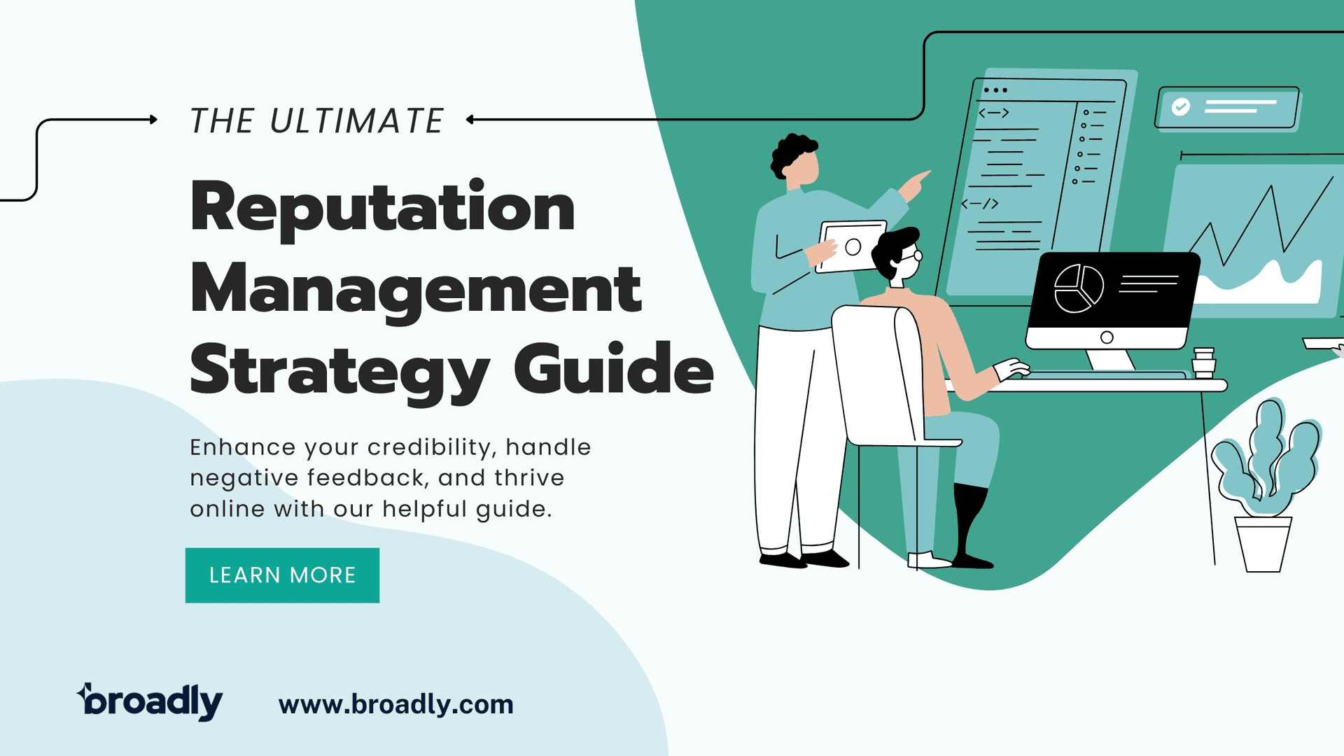 Reputation management strategy guide with office worker illustrations