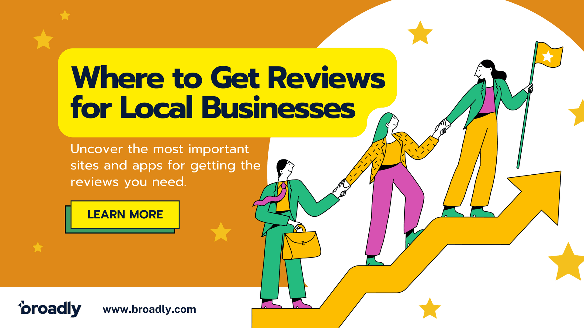 Three people climbing an upward arrow together for a guide on getting reviews for local businesses