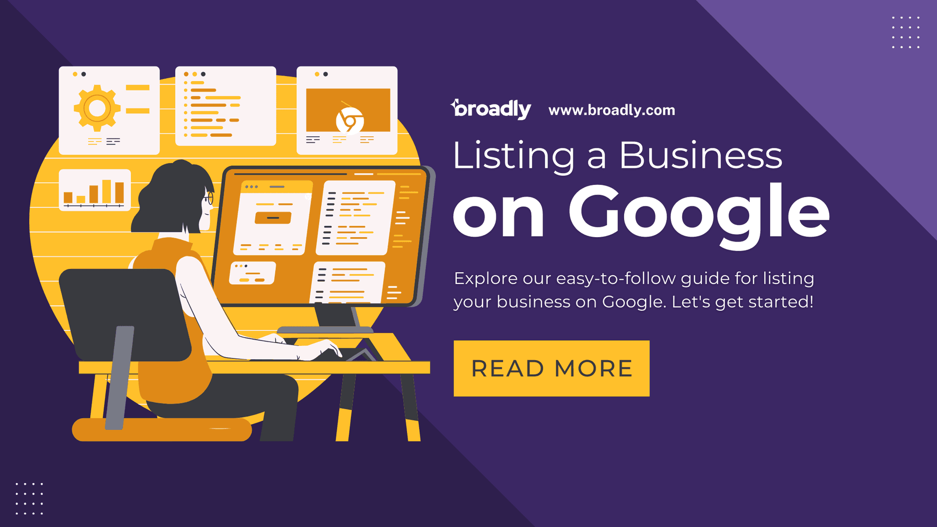 Illustration of woman at desk managing Google business listings with multiple browser windows