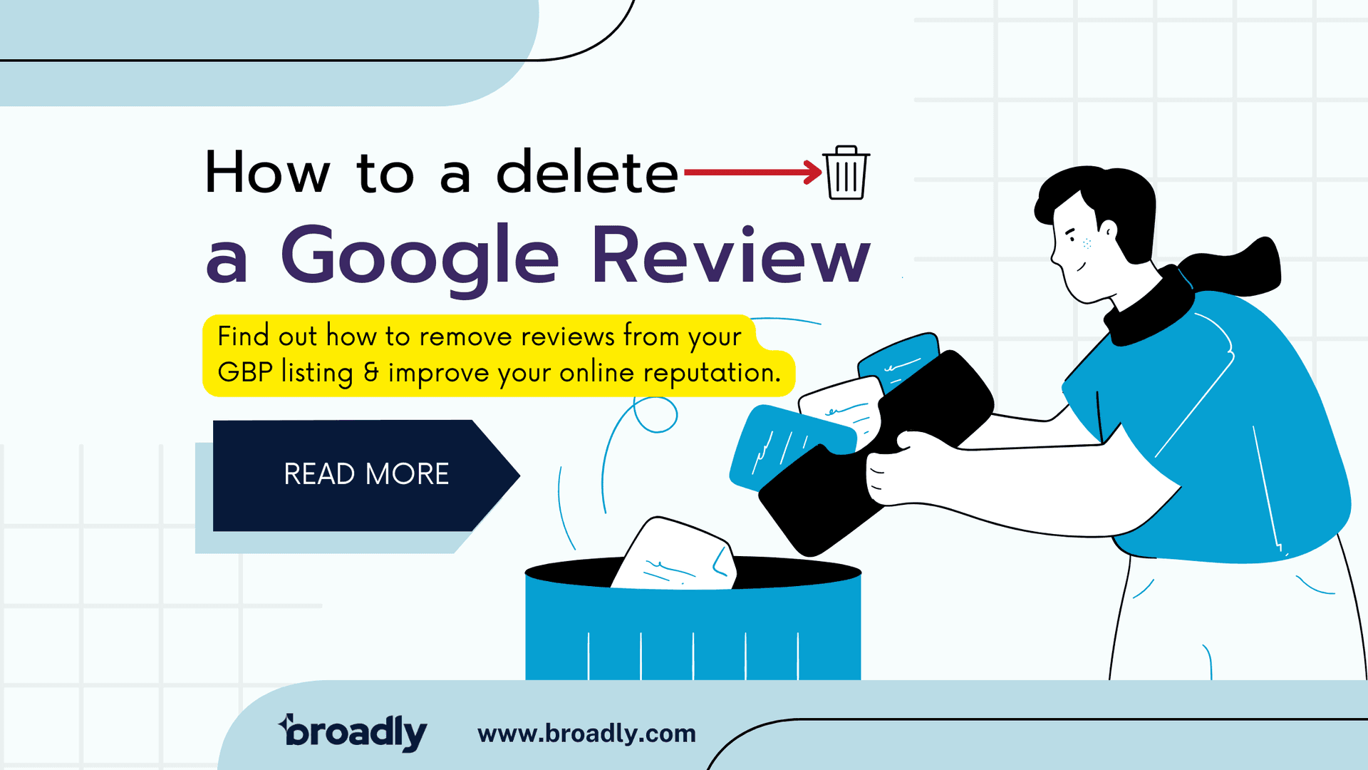 Blog banner about deleting Google reviews with illustration and trash bin